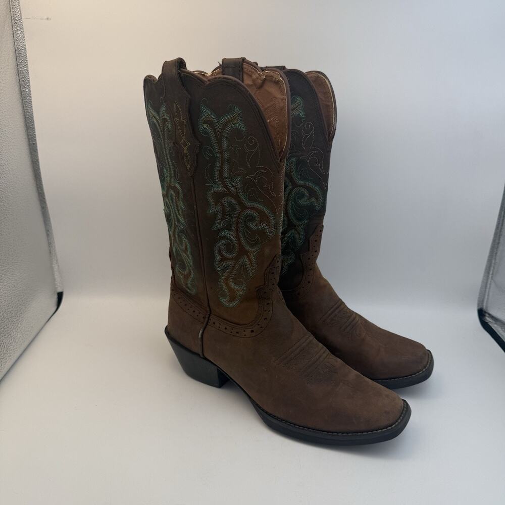 Justin Women's Cowboy Boots Stampede Size 8.5 B Brown Leather Turquoise L 2552